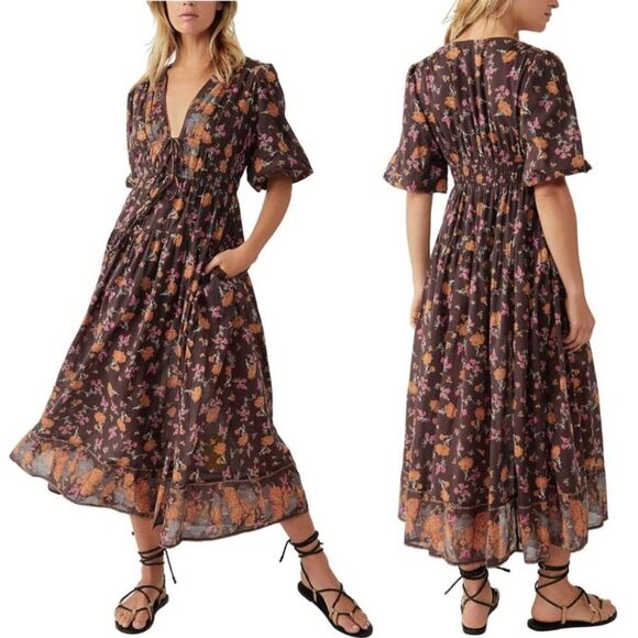 Free People Lysette Maxi Dress M Puff Sleeve Floral Cotton Cottage Core Boho - Picture 1 of 12